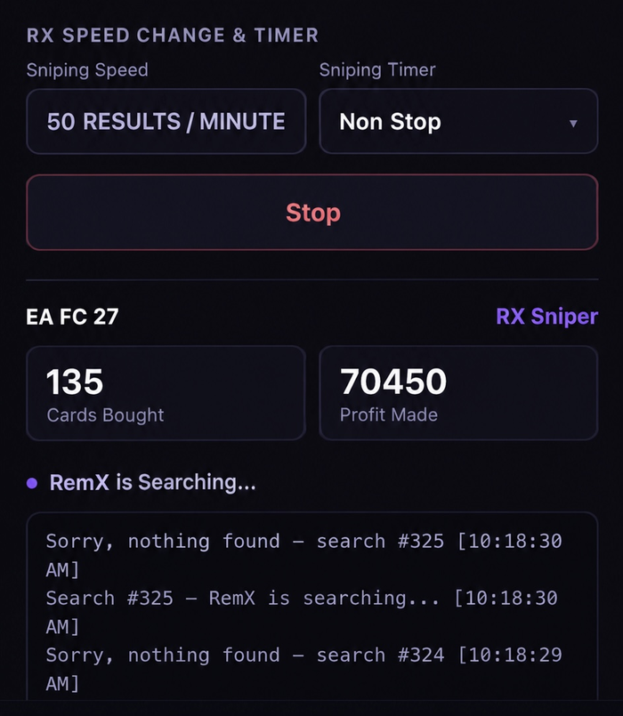 EA FC 27 sniping bot snipe and profit screenshot