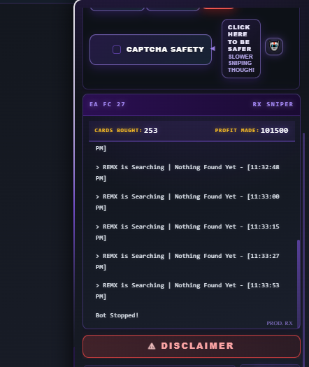 EA FC 27 sniping bot snipe and profit screenshot